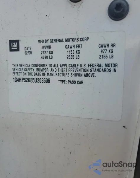 2005 Buick Lesabre Custom z USA, uszkodzony, nr VIN 1G4HP52K85U208696